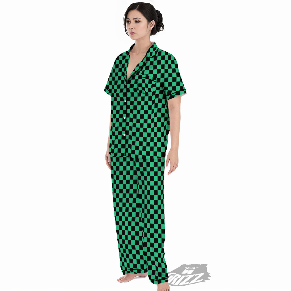 Checkered Black And Green Print Pattern Women's Pajamas Set-grizzshop
