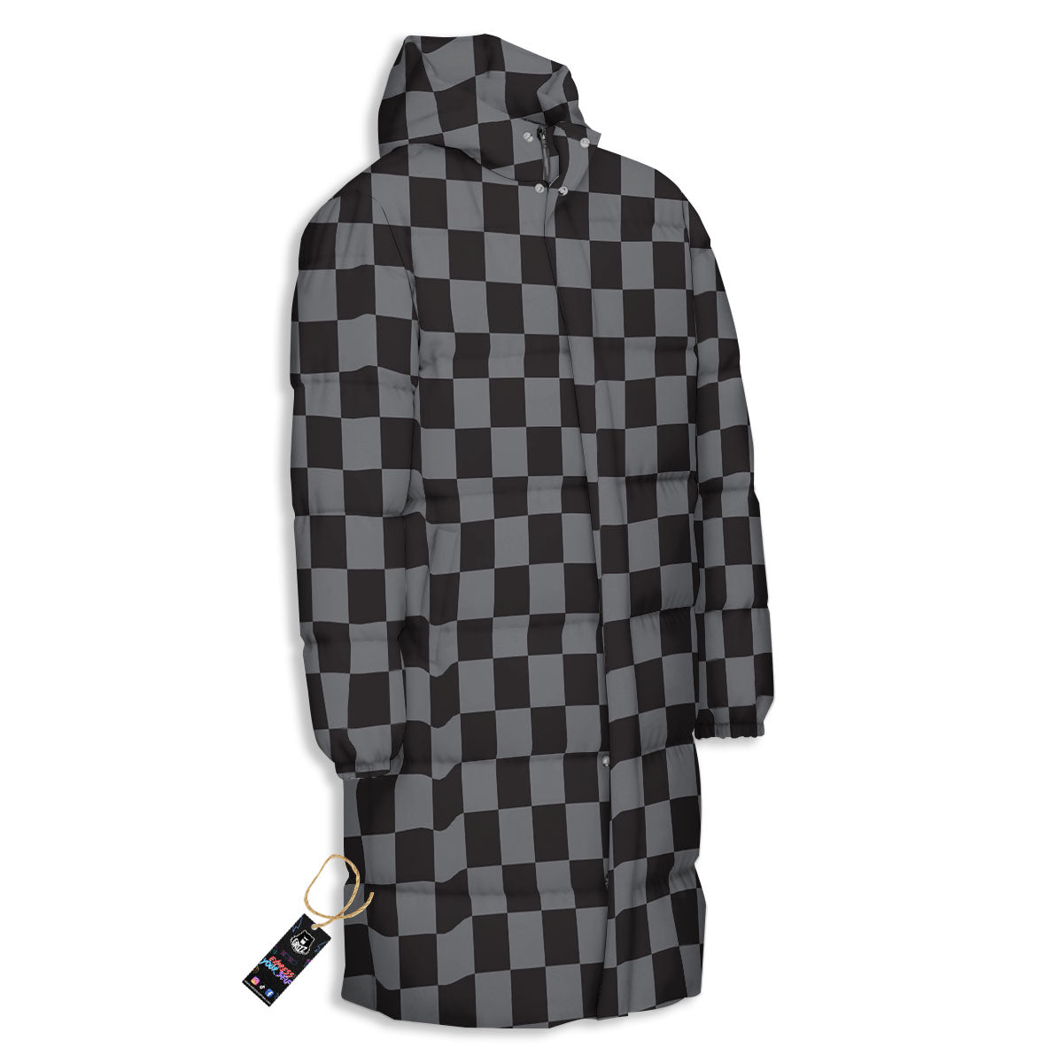 Checkered Black And Grey Print Pattern Long Down Jacket-grizzshop