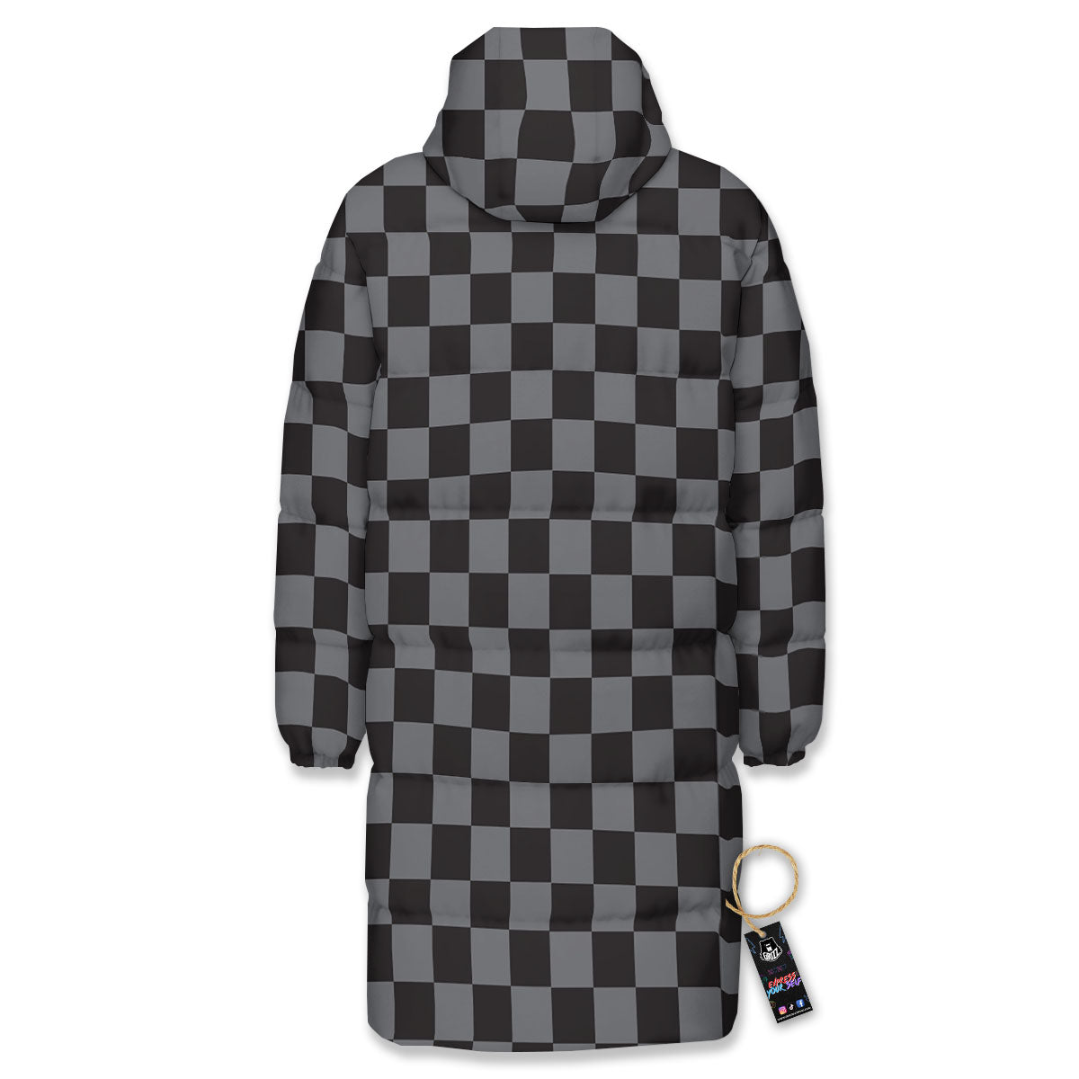 Checkered Black And Grey Print Pattern Long Down Jacket-grizzshop