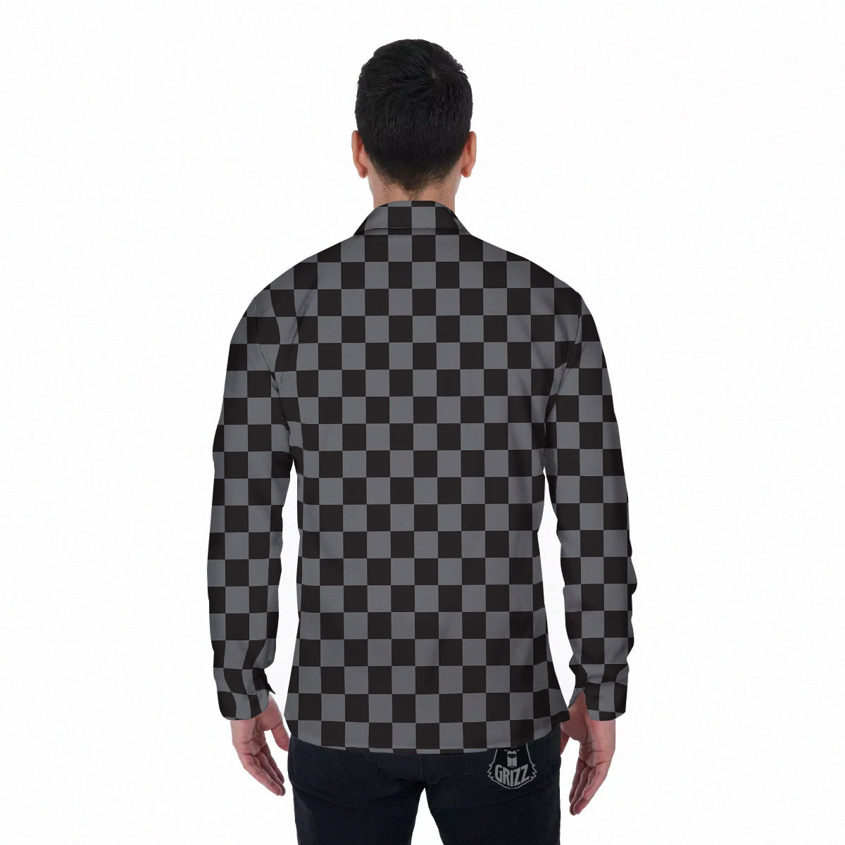 Checkered Black And Grey Print Pattern Men's Long Sleeve Shirts-grizzshop