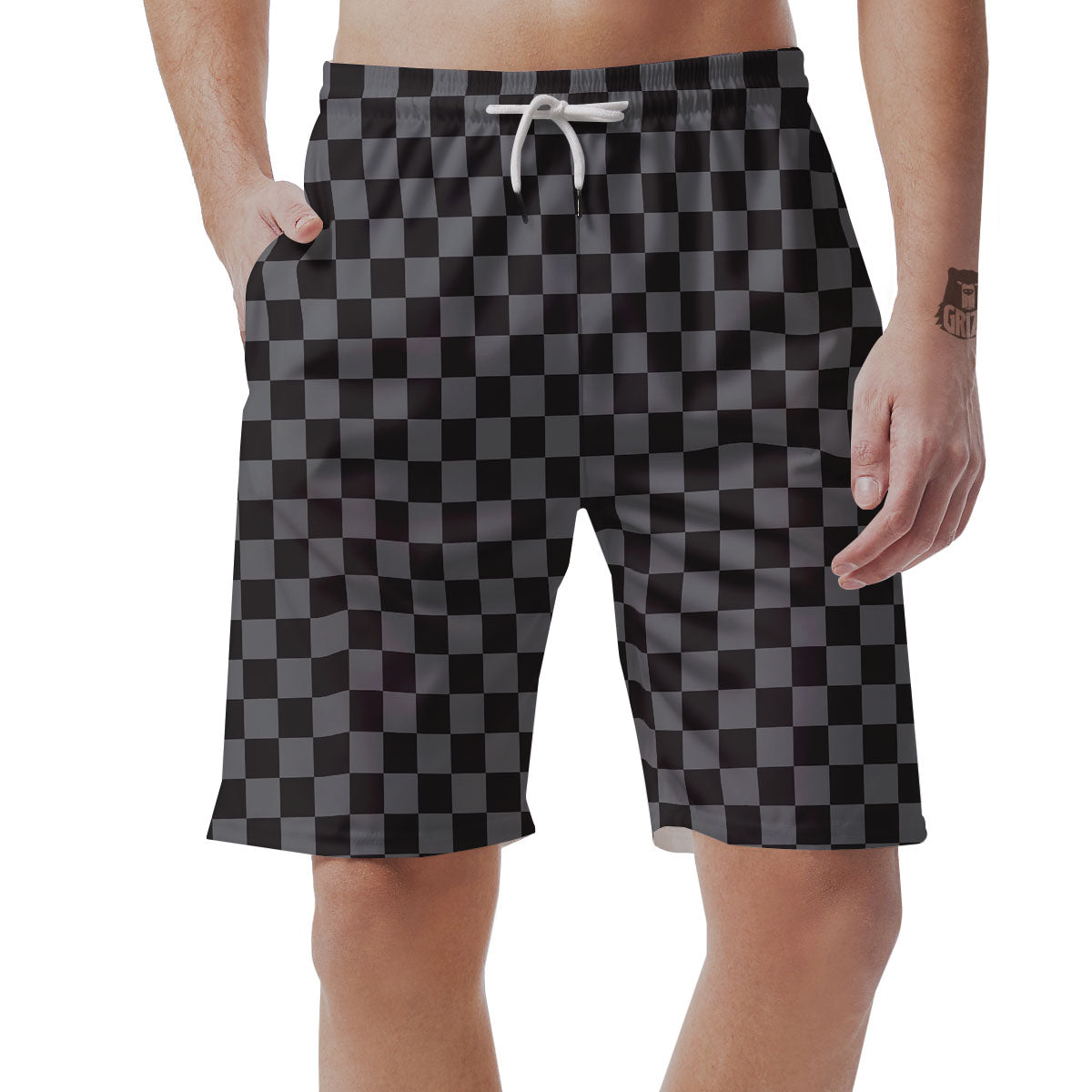 Checkered Black And Grey Print Pattern Men's Shorts-grizzshop