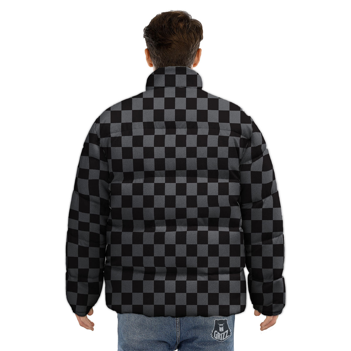 Checkered Black And Grey Print Pattern Puffer Jacket-grizzshop
