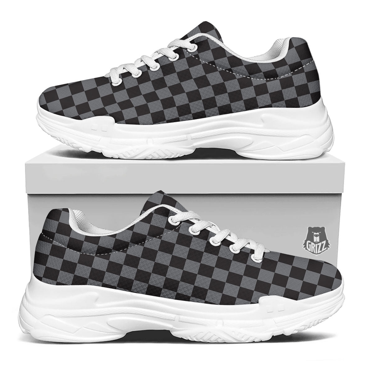 Checkered Black And Grey Print Pattern White Chunky Shoes-grizzshop
