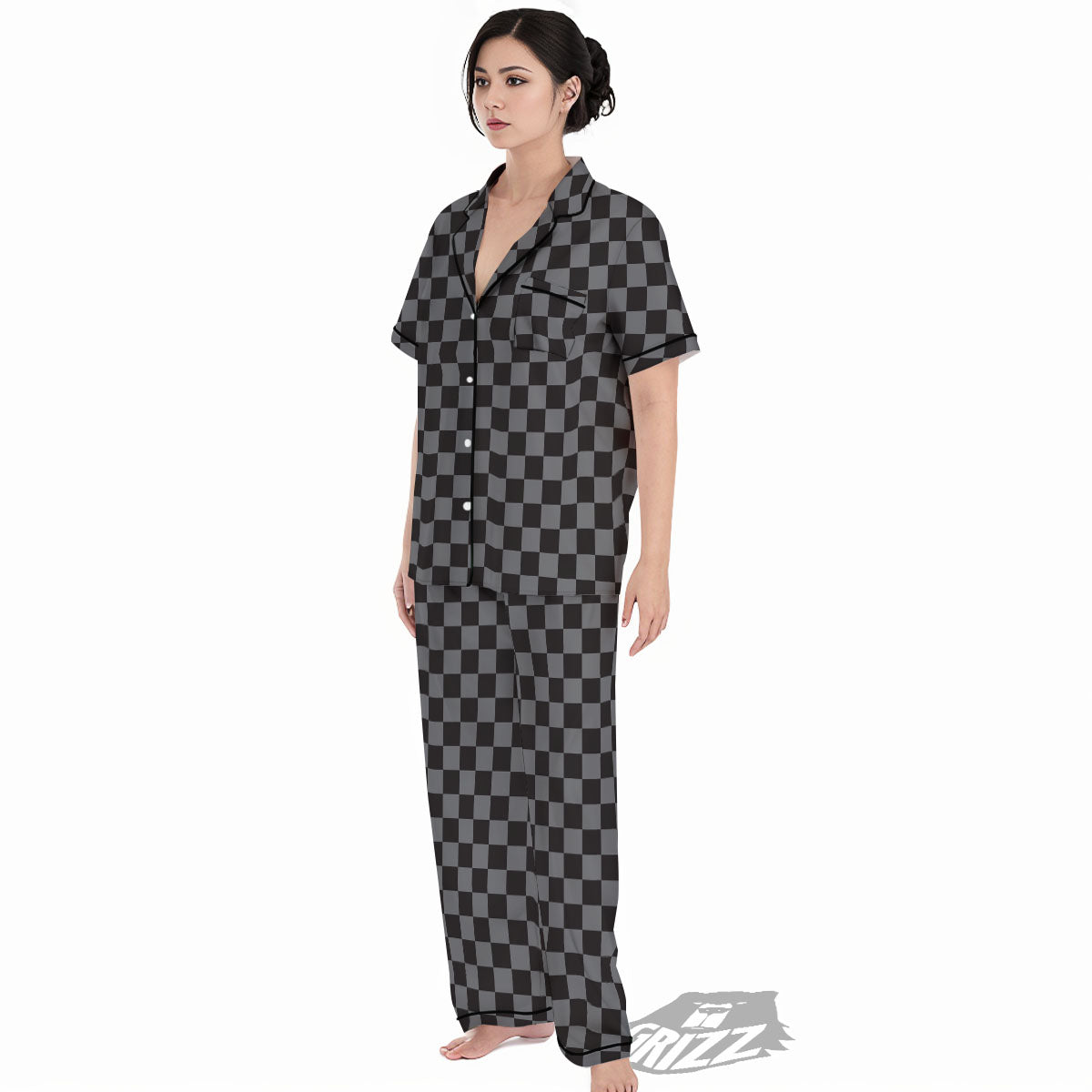 Checkered Black And Grey Print Pattern Women's Pajamas Set-grizzshop
