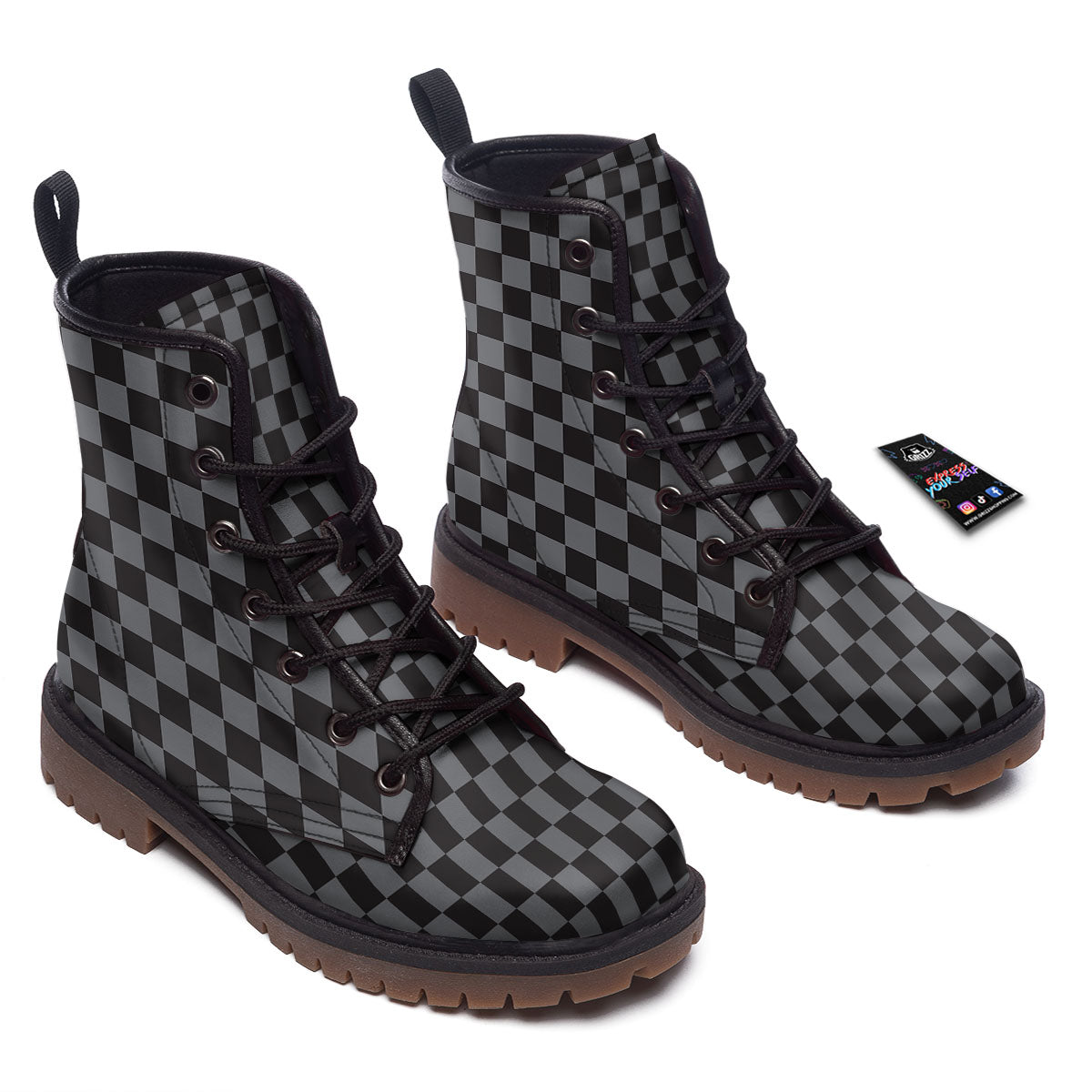 Checkered Black And Grey Print Pattern Work Boots-grizzshop