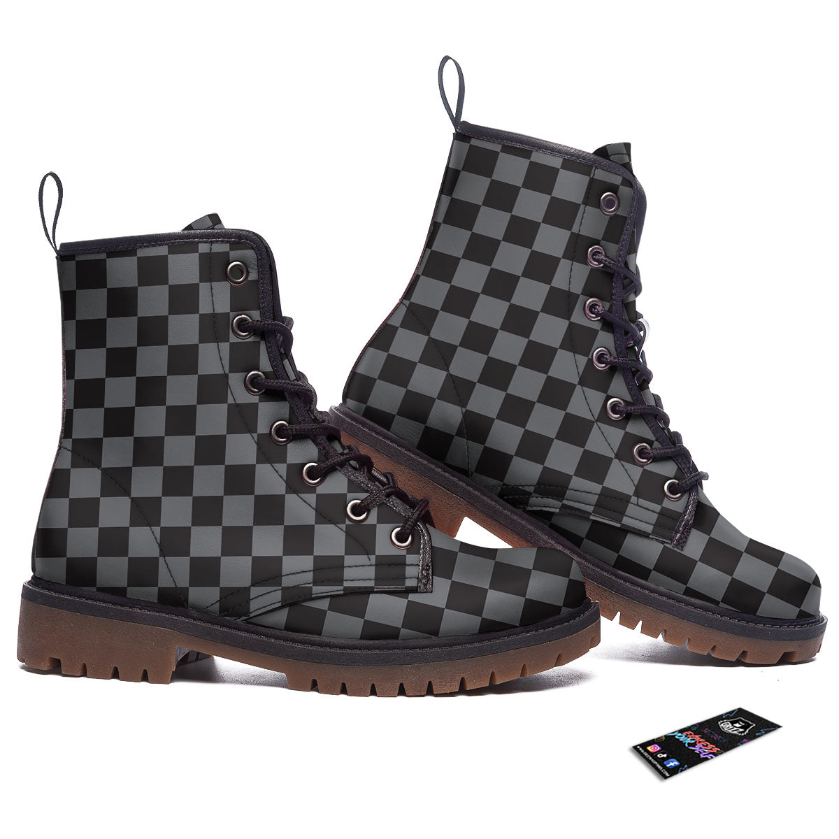 Checkered Black And Grey Print Pattern Work Boots-grizzshop