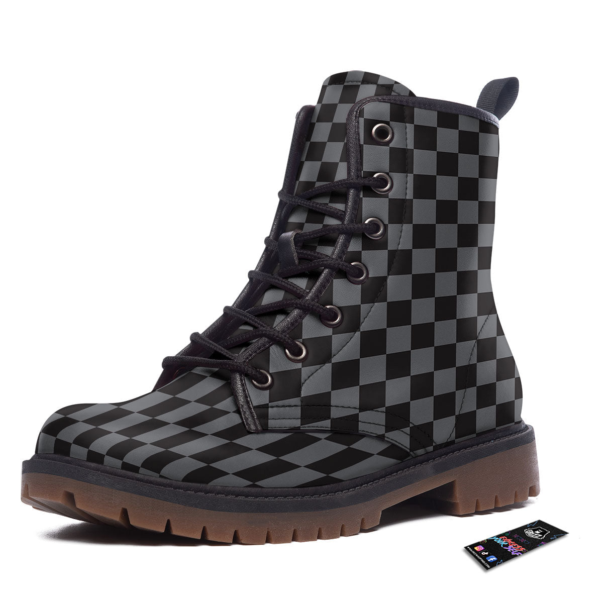 Checkered Black And Grey Print Pattern Work Boots-grizzshop