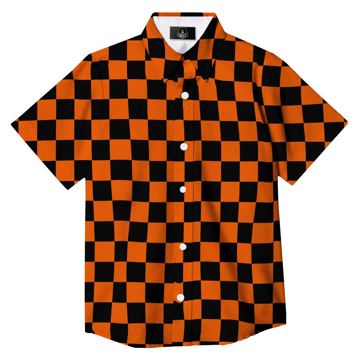 Checkered Black And Orange Print Pattern Button Up Shirt-grizzshop