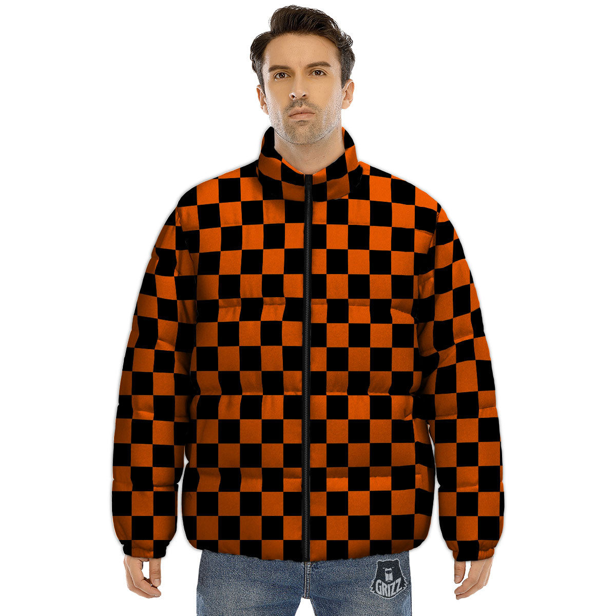 Checkered Black And Orange Print Pattern Puffer Jacket-grizzshop