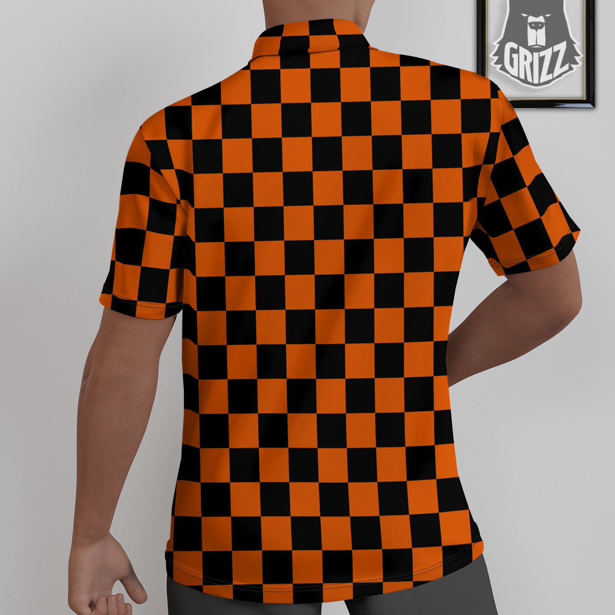 Checkered Black And Orange Print Pattern Untucked Shirts-grizzshop