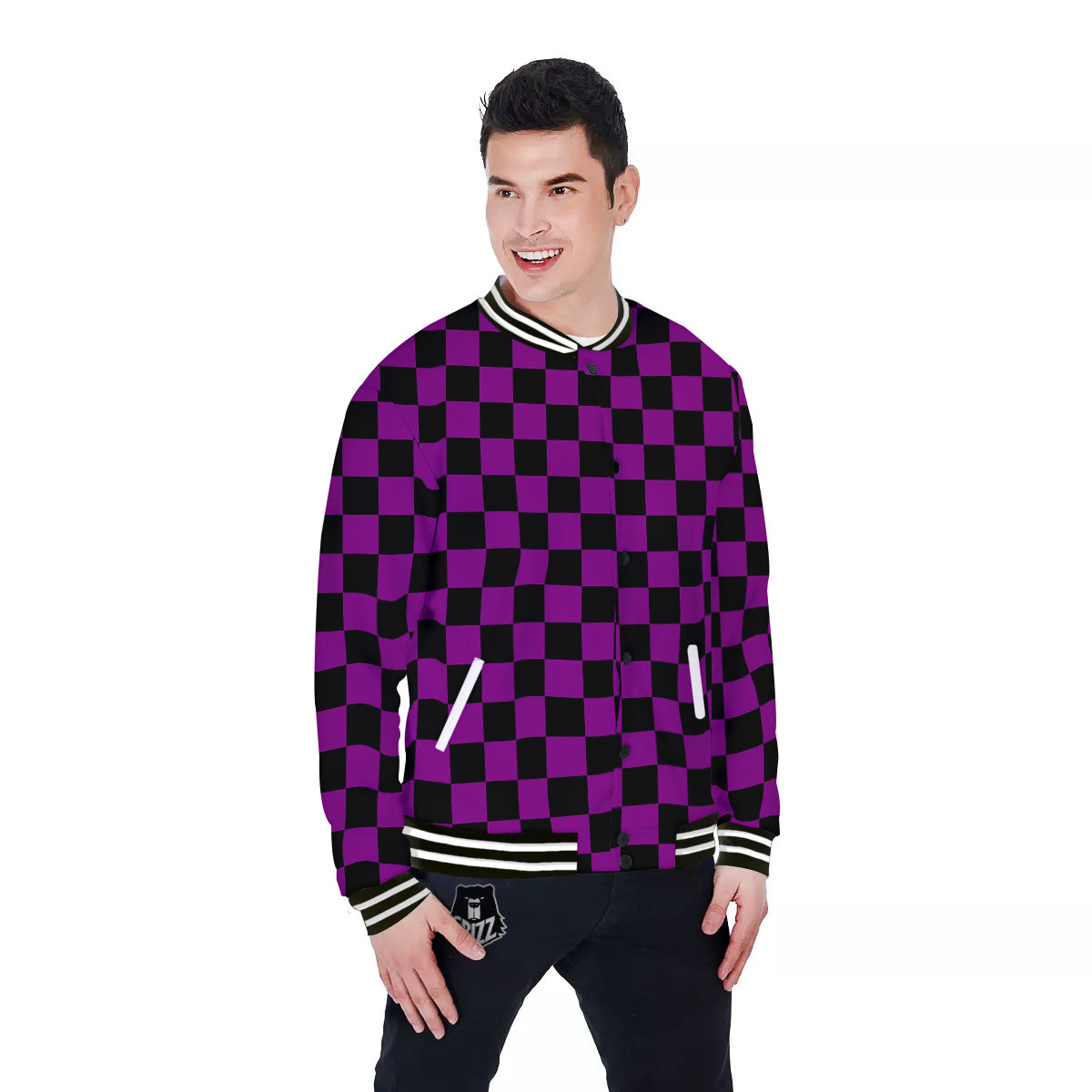 Checkered Black And Purple Print Pattern Baseball Jacket-grizzshop