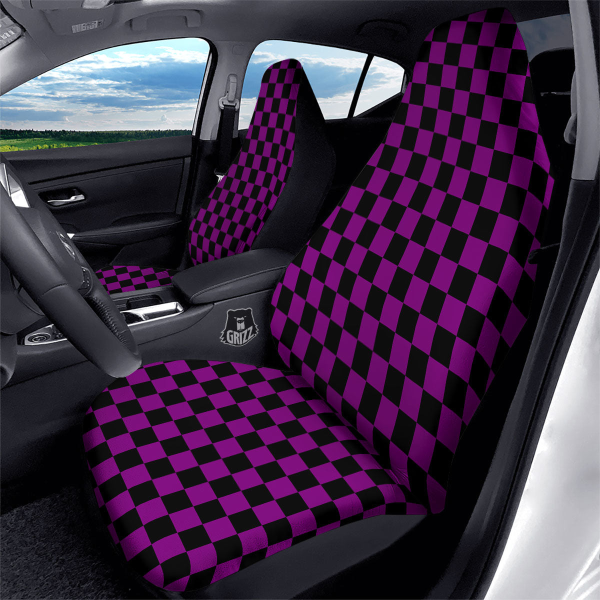 Checkered Black And Purple Print Pattern Car Seat Covers-grizzshop