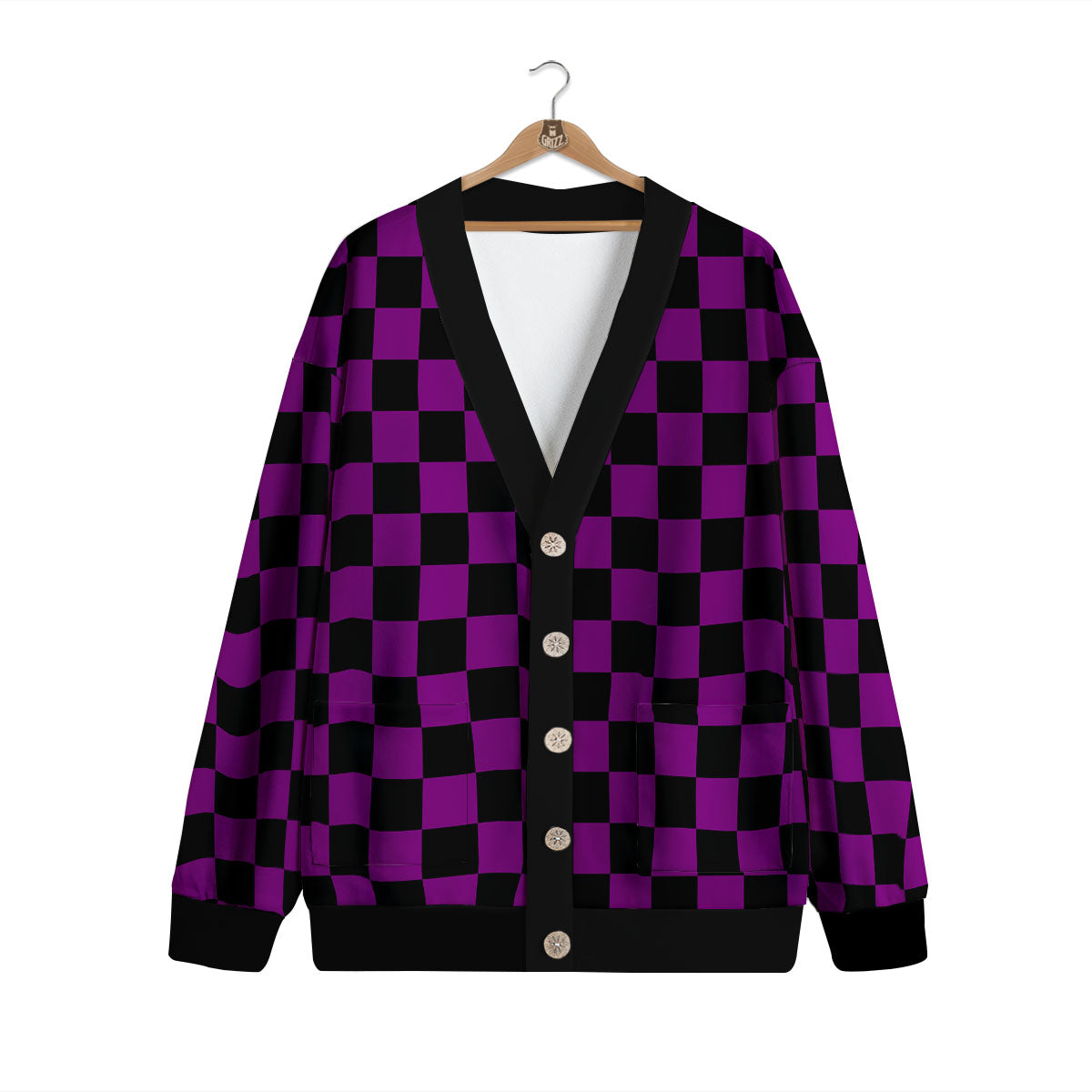 Checkered Black And Purple Print Pattern Cardigan-grizzshop