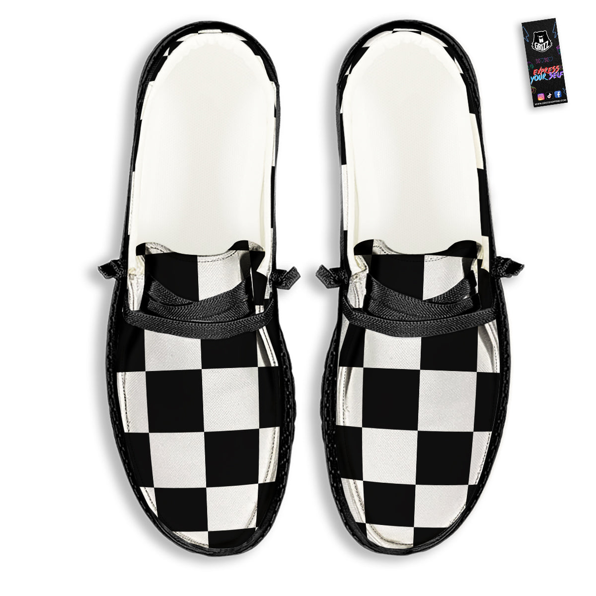 Checkered Board And Convex Shape Print Black Loafers-grizzshop