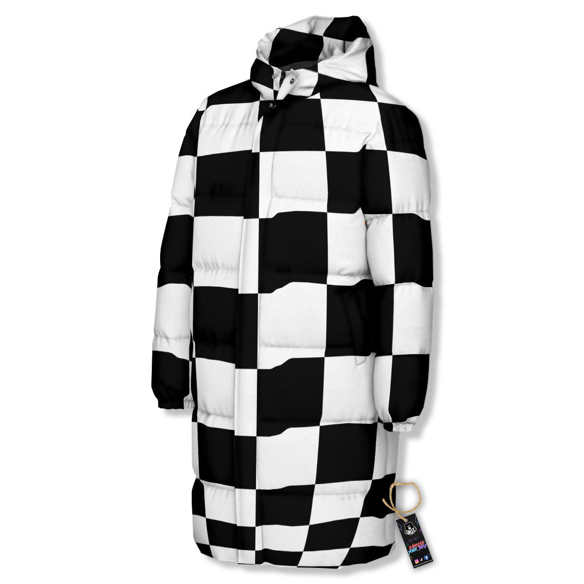 Checkered Board And Convex Shape Print Long Down Jacket-grizzshop