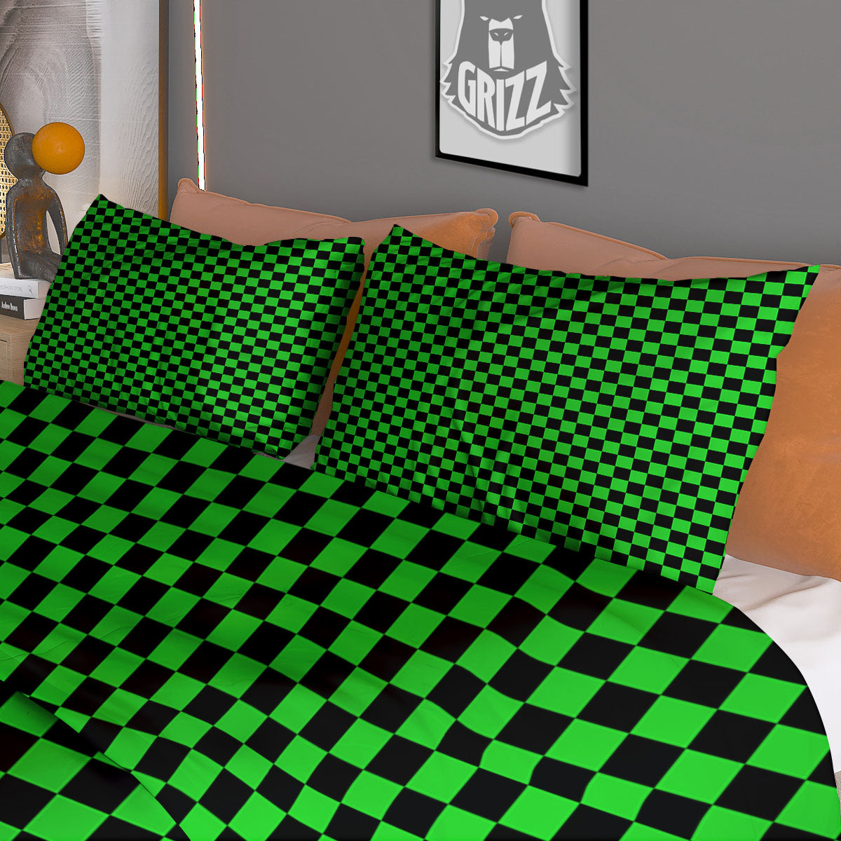 Checkered Green And Black Print Duvet Cover Bedding Set