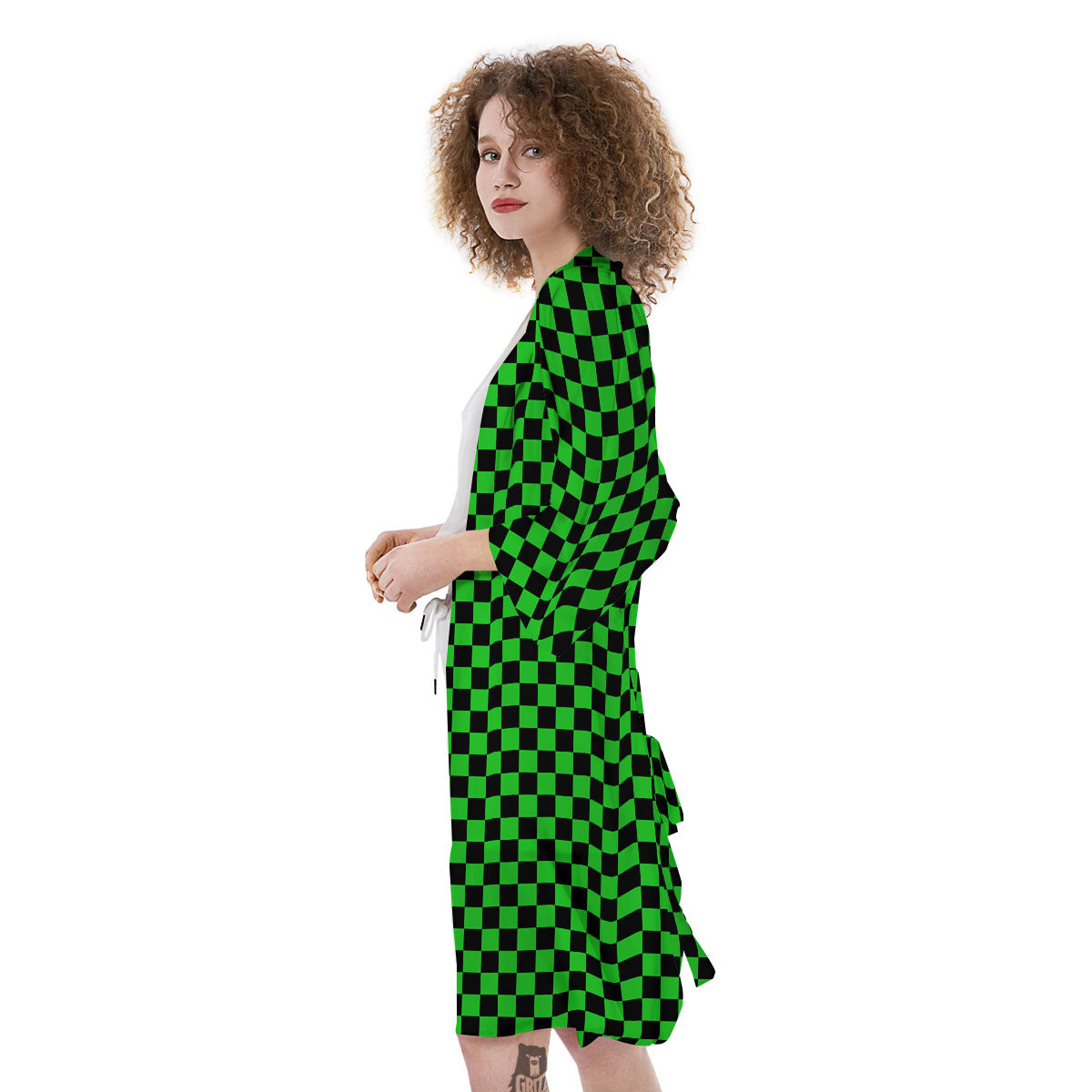 Checkered Green And Black Print Kimono-grizzshop