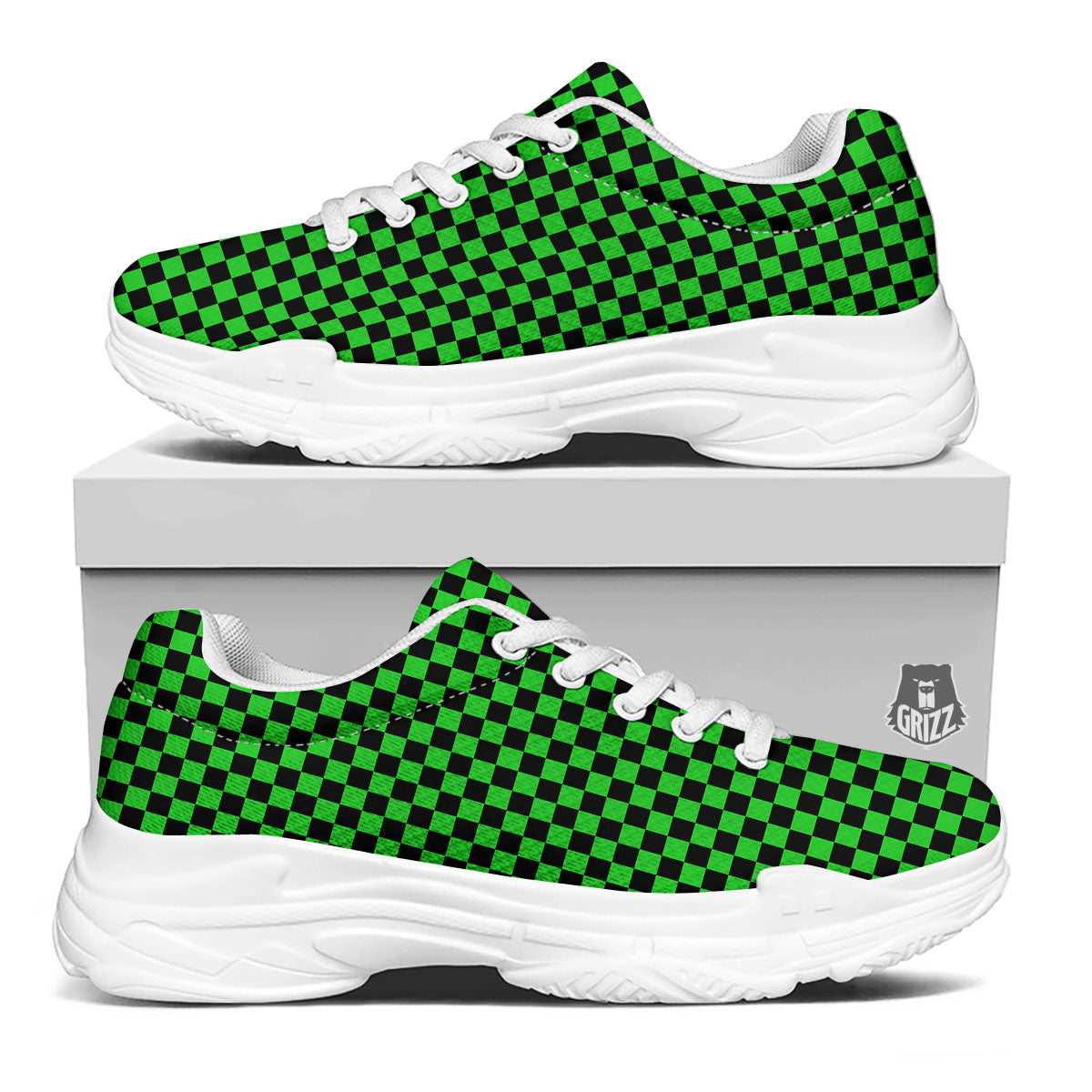 Checkered Green And Black Print White Chunky Shoes-grizzshop