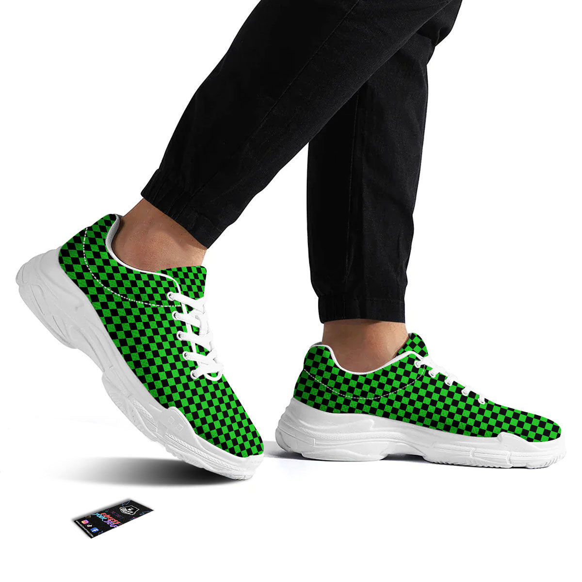Checkered Green And Black Print White Chunky Shoes-grizzshop