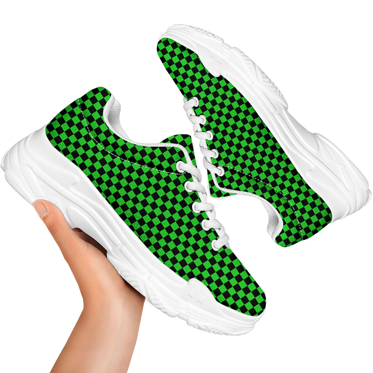 Checkered Green And Black Print White Chunky Shoes-grizzshop