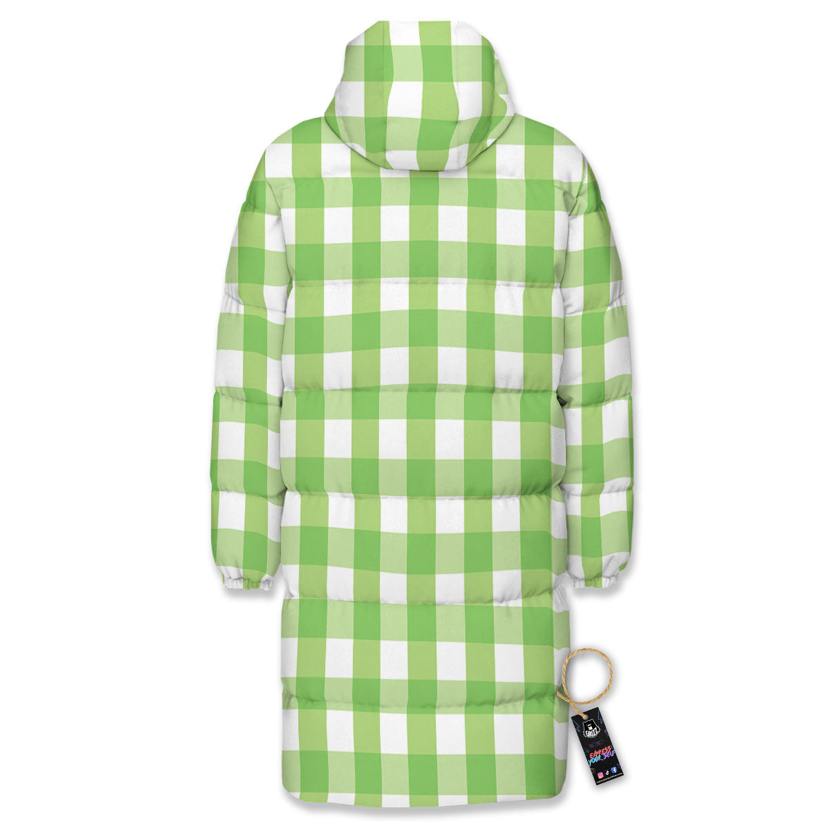Checkered Green And White Print Pattern Long Down Jacket-grizzshop