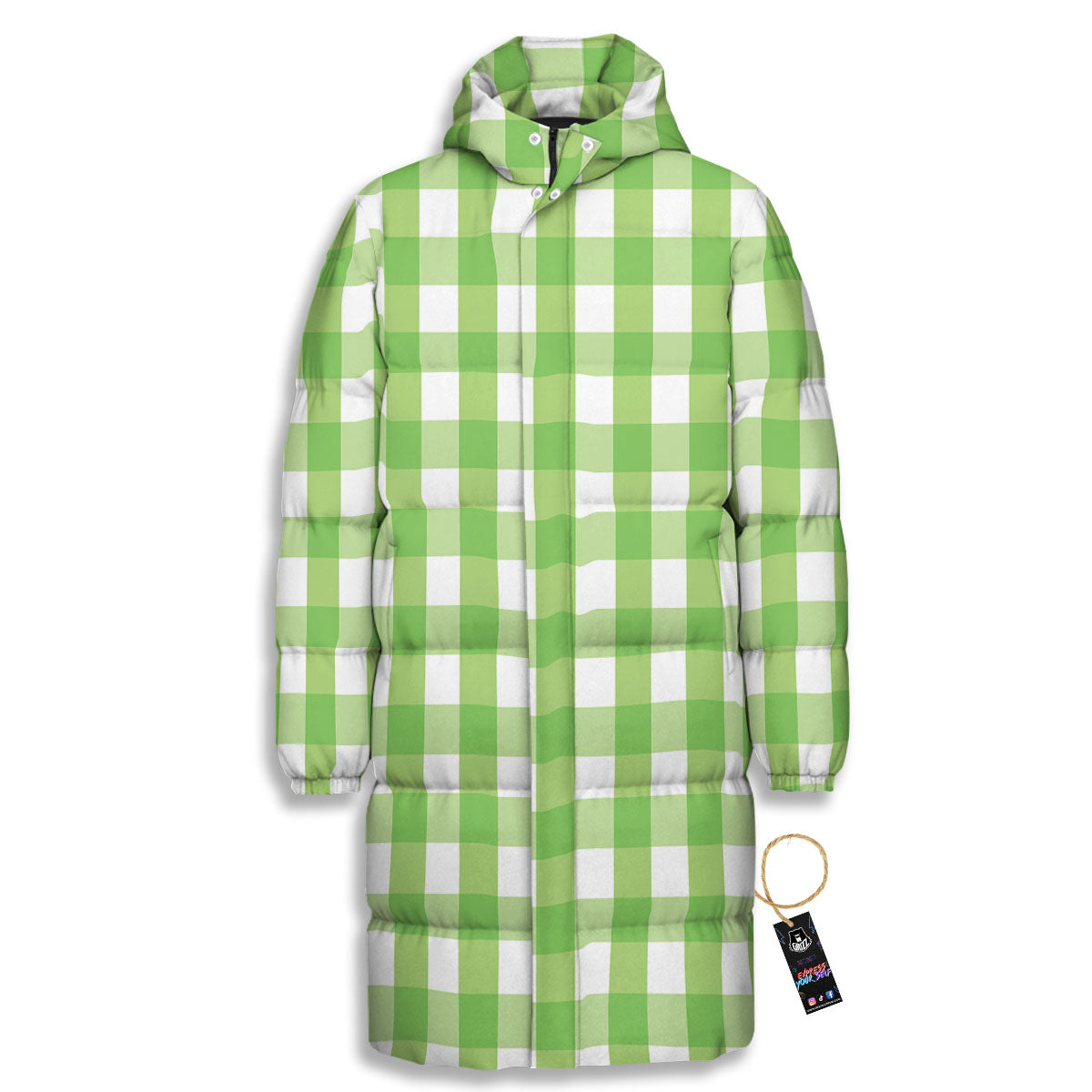 Checkered Green And White Print Pattern Long Down Jacket-grizzshop