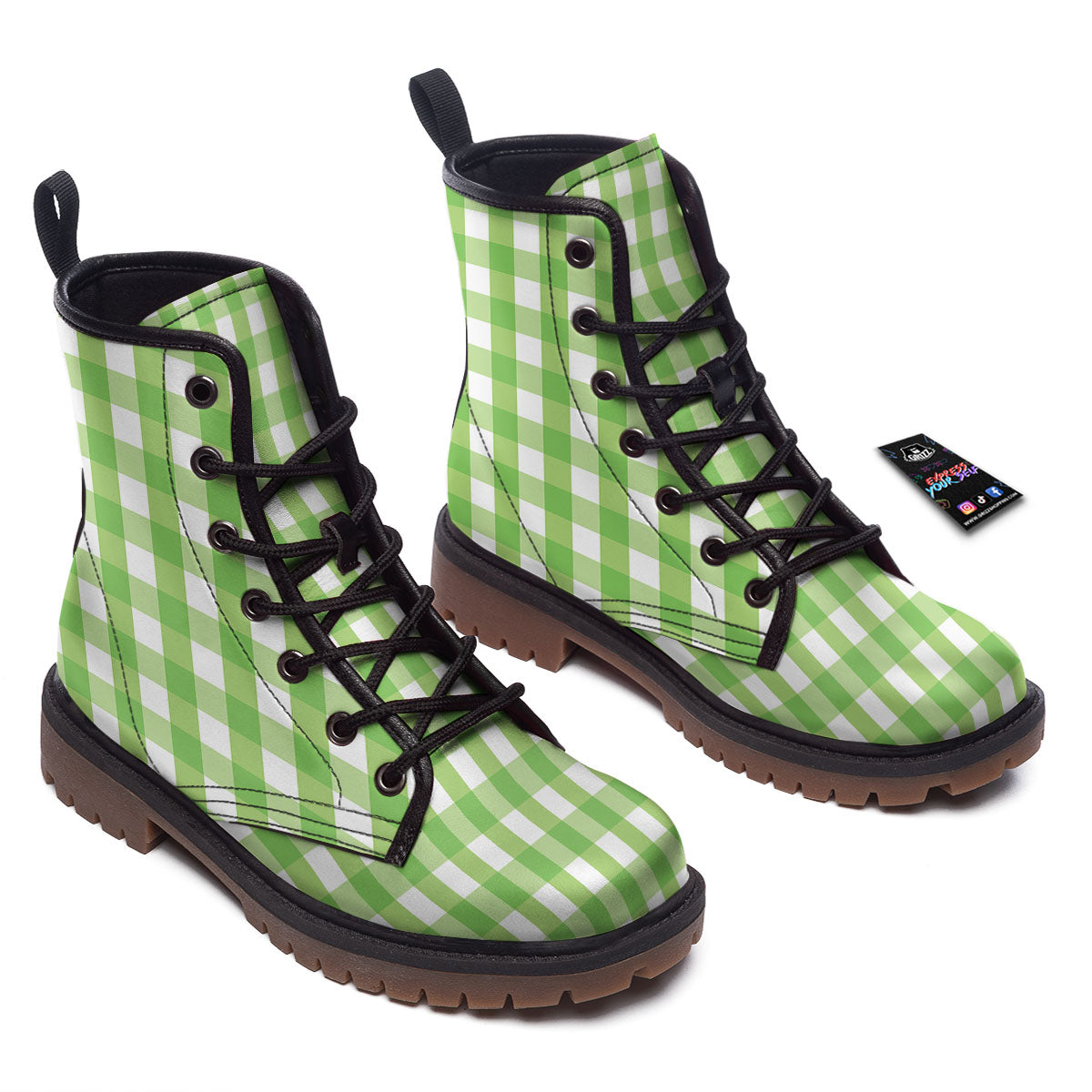 Checkered Green And White Print Pattern Work Boots-grizzshop