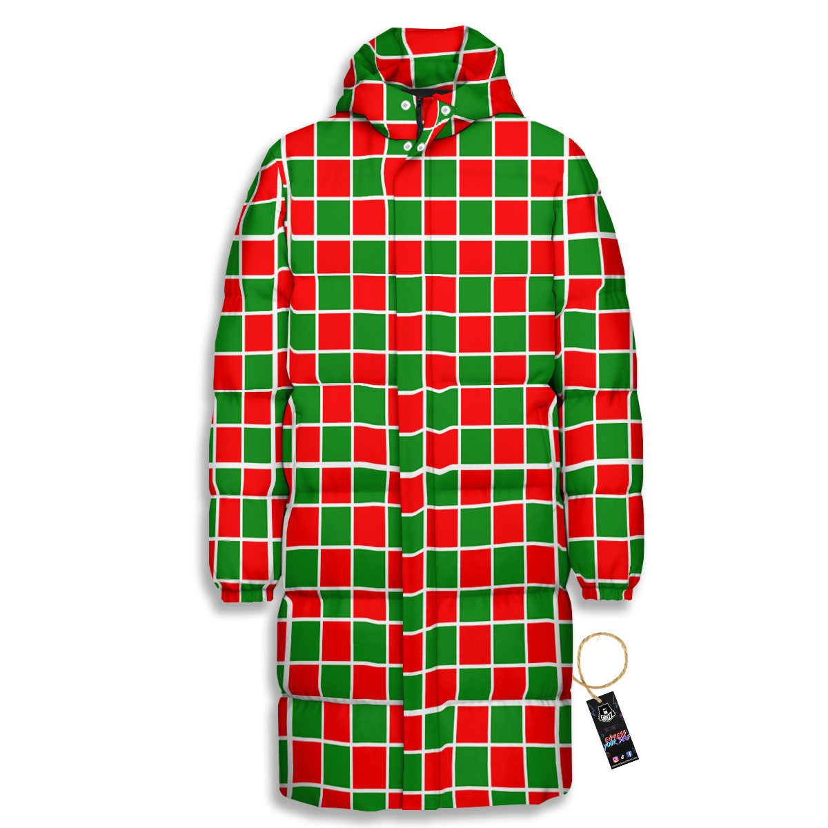 Checkered Merry Christmas Print Pattern Long Down Jacket-grizzshop