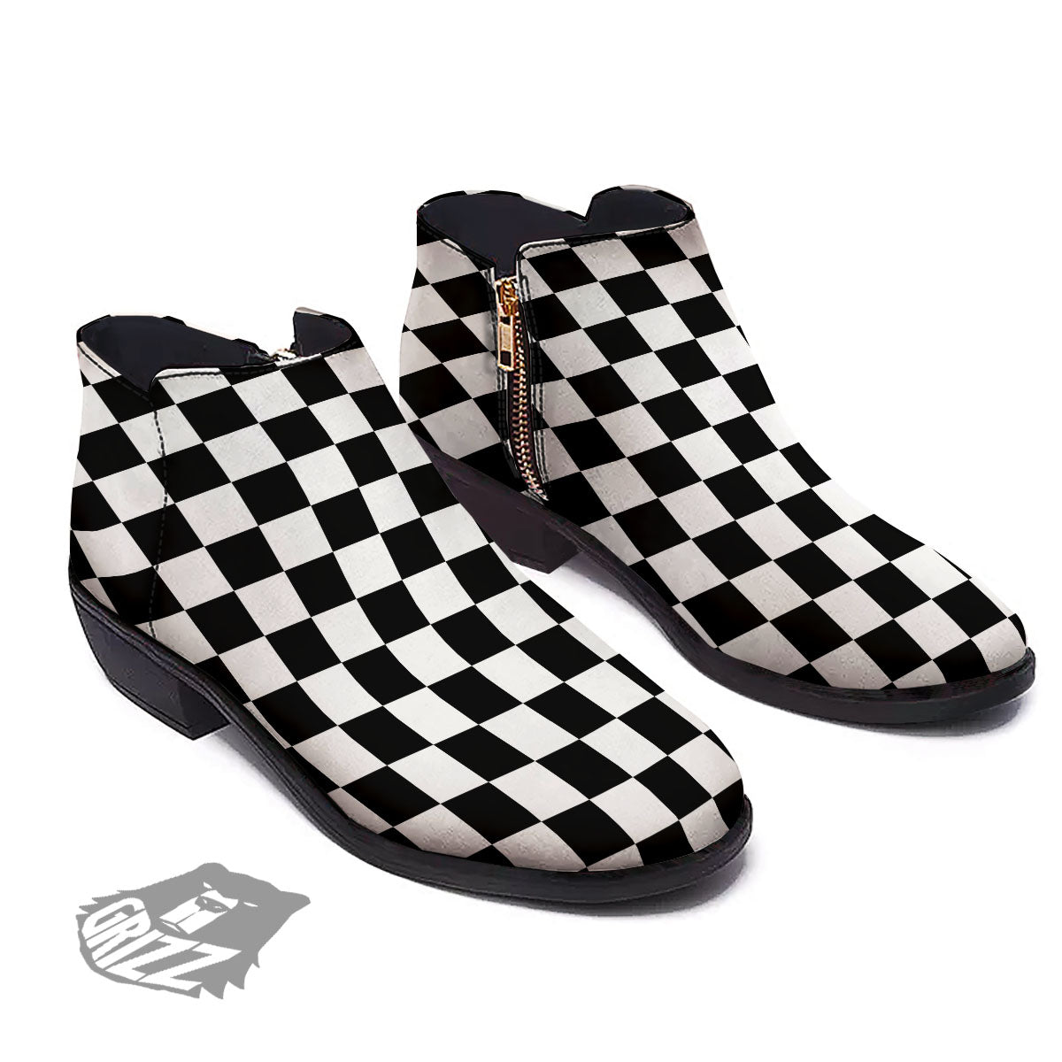 Checkered White And Black Print Pattern Ankle Boots-grizzshop