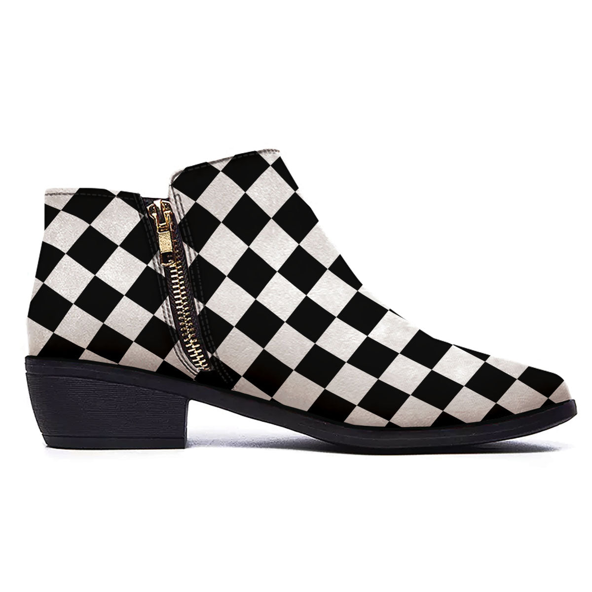 Checkered White And Black Print Pattern Ankle Boots-grizzshop