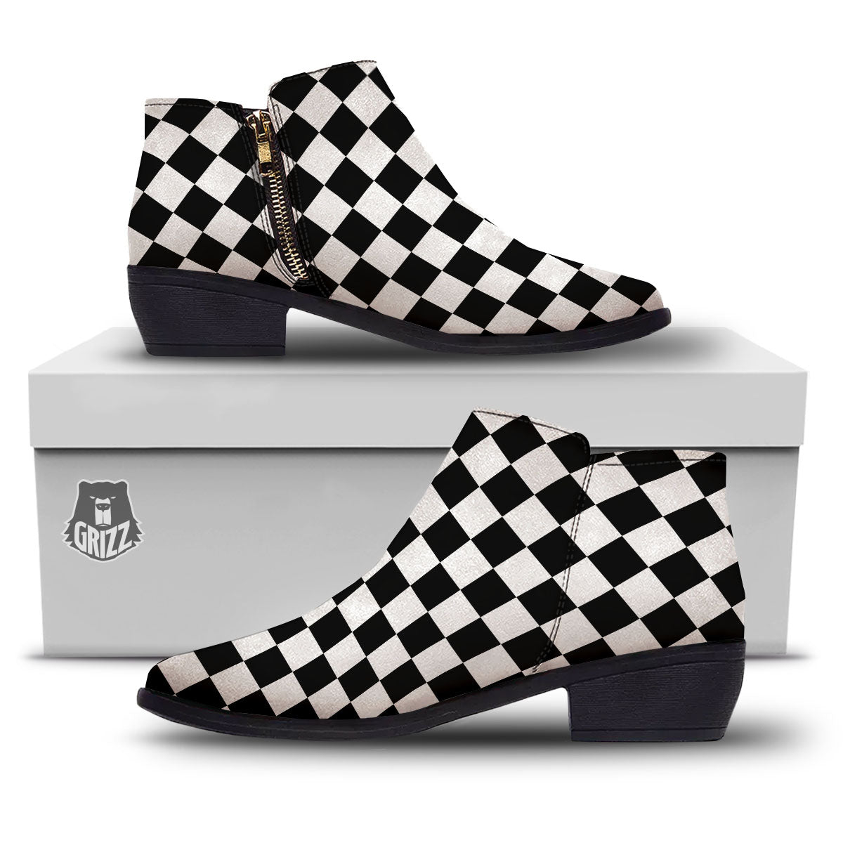 Checkered White And Black Print Pattern Ankle Boots-grizzshop