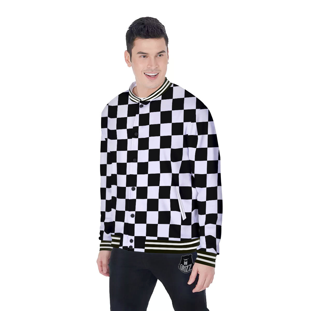 Checkered White And Black Print Pattern Baseball Jacket-grizzshop