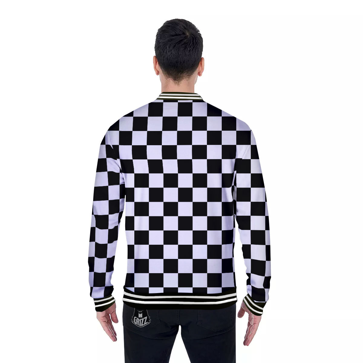 Checkered White And Black Print Pattern Baseball Jacket-grizzshop