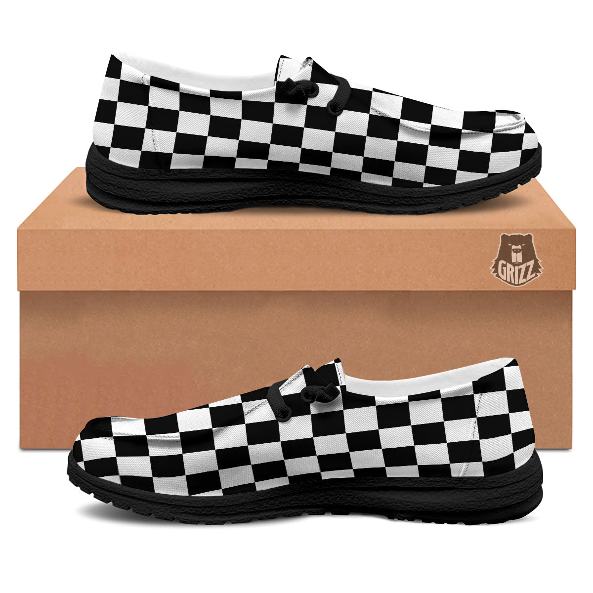 Checkered White And Black Print Pattern Black Loafers-grizzshop