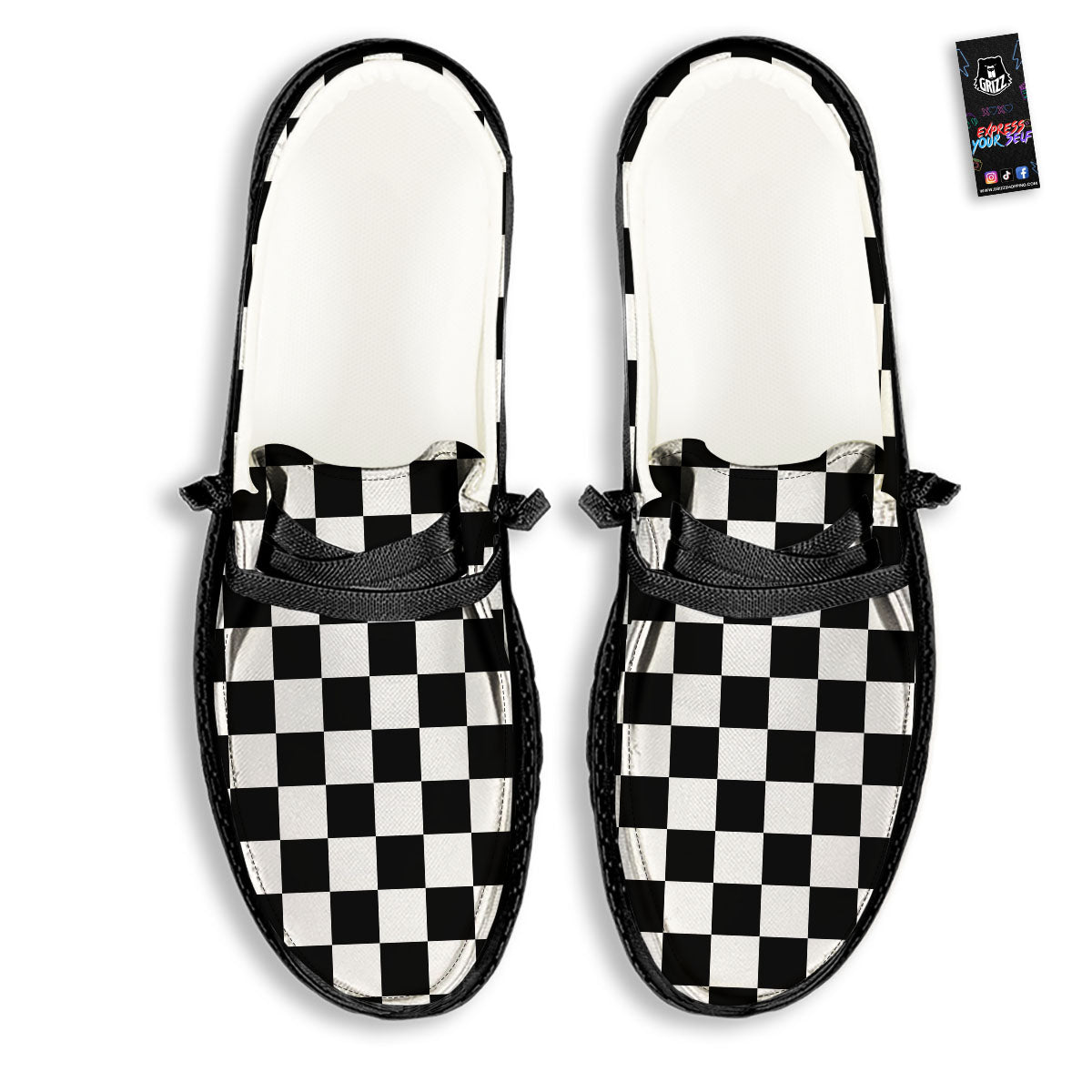 Checkered White And Black Print Pattern Black Loafers-grizzshop