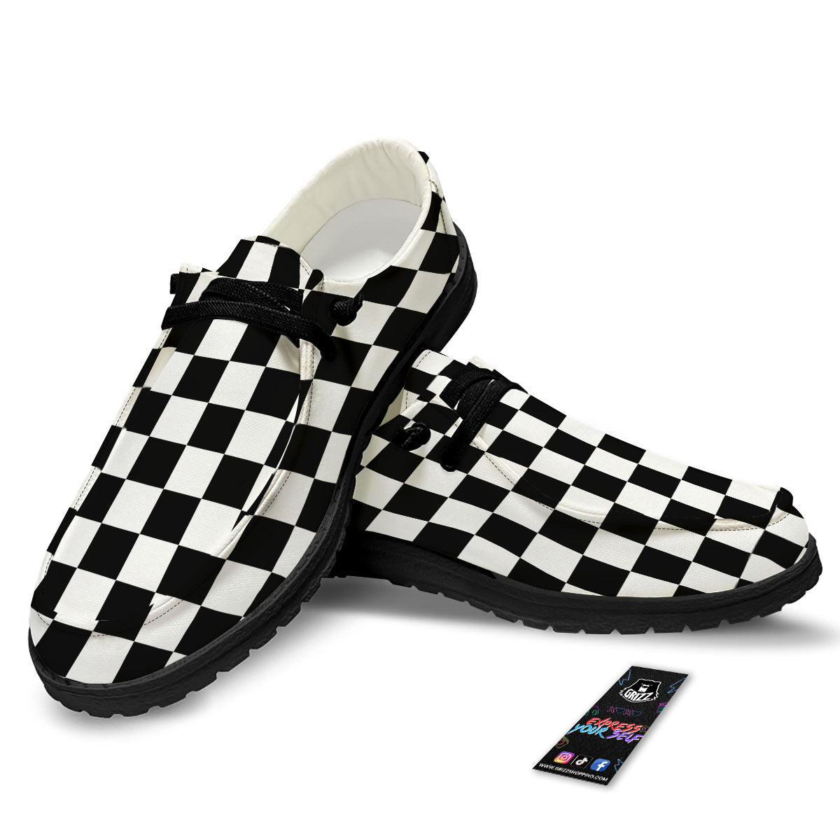 Checkered White And Black Print Pattern Black Loafers-grizzshop