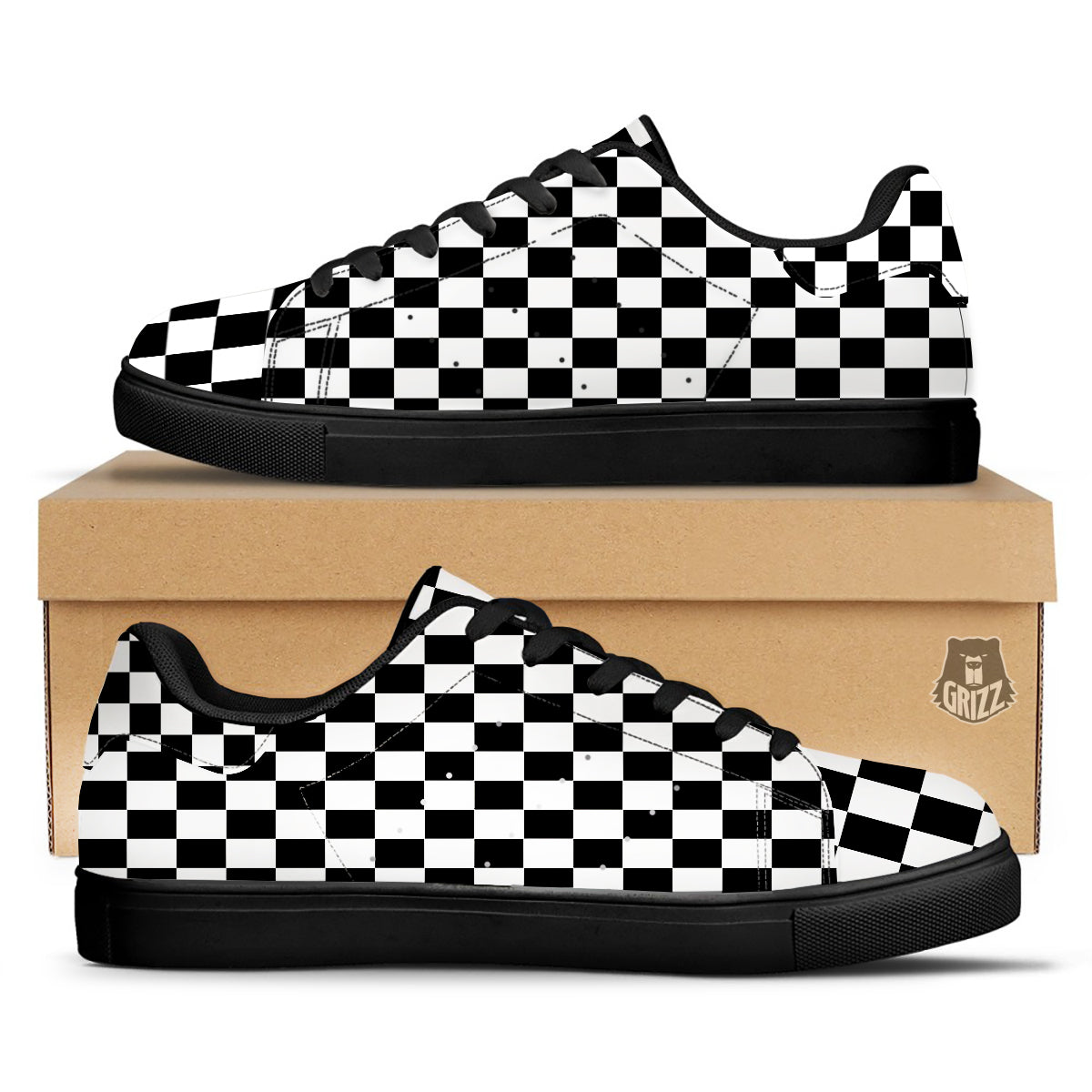 Checkered White And Black Print Pattern Black Low Top Sneakers-grizzshop