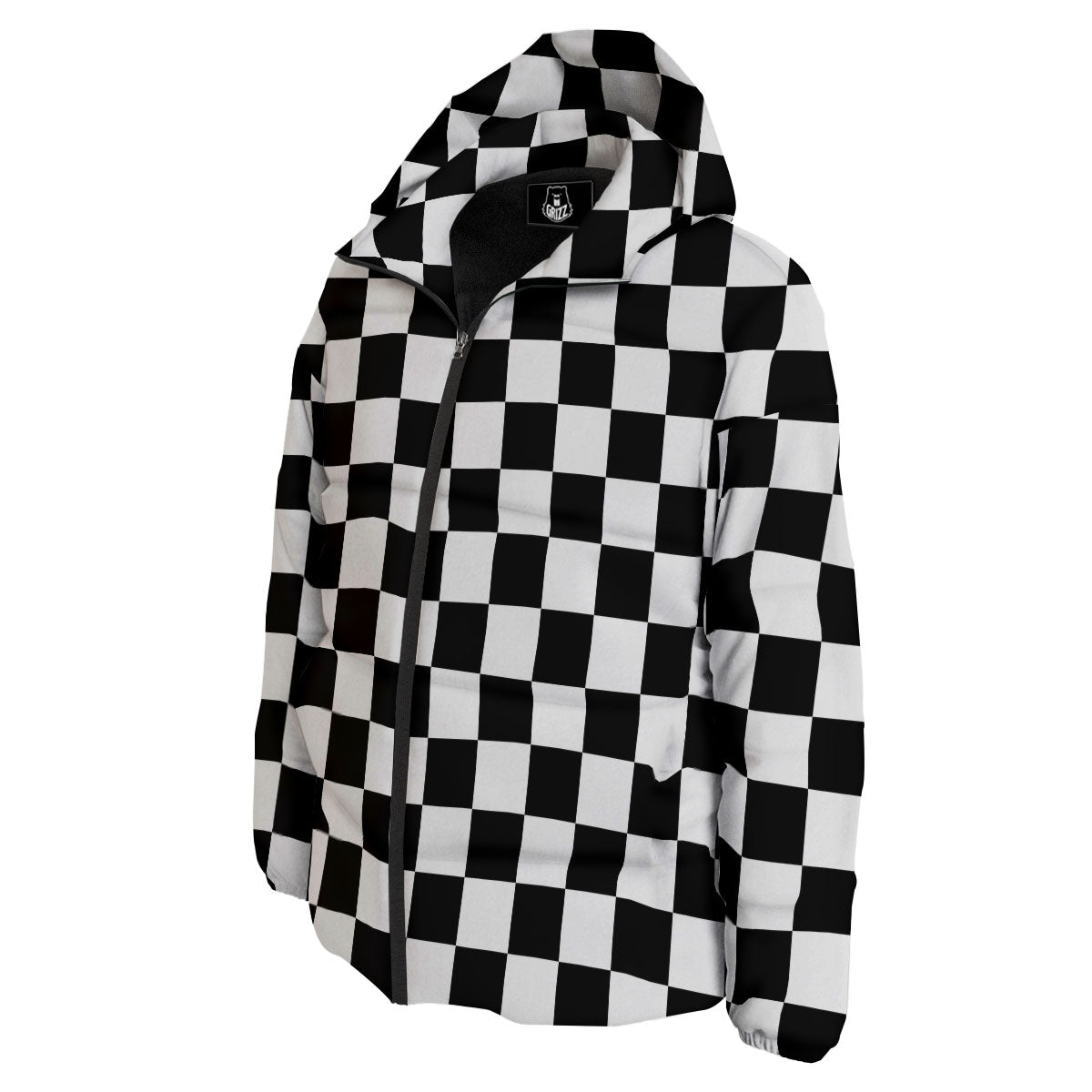 Checkered White And Black Print Pattern Down Jacket-grizzshop