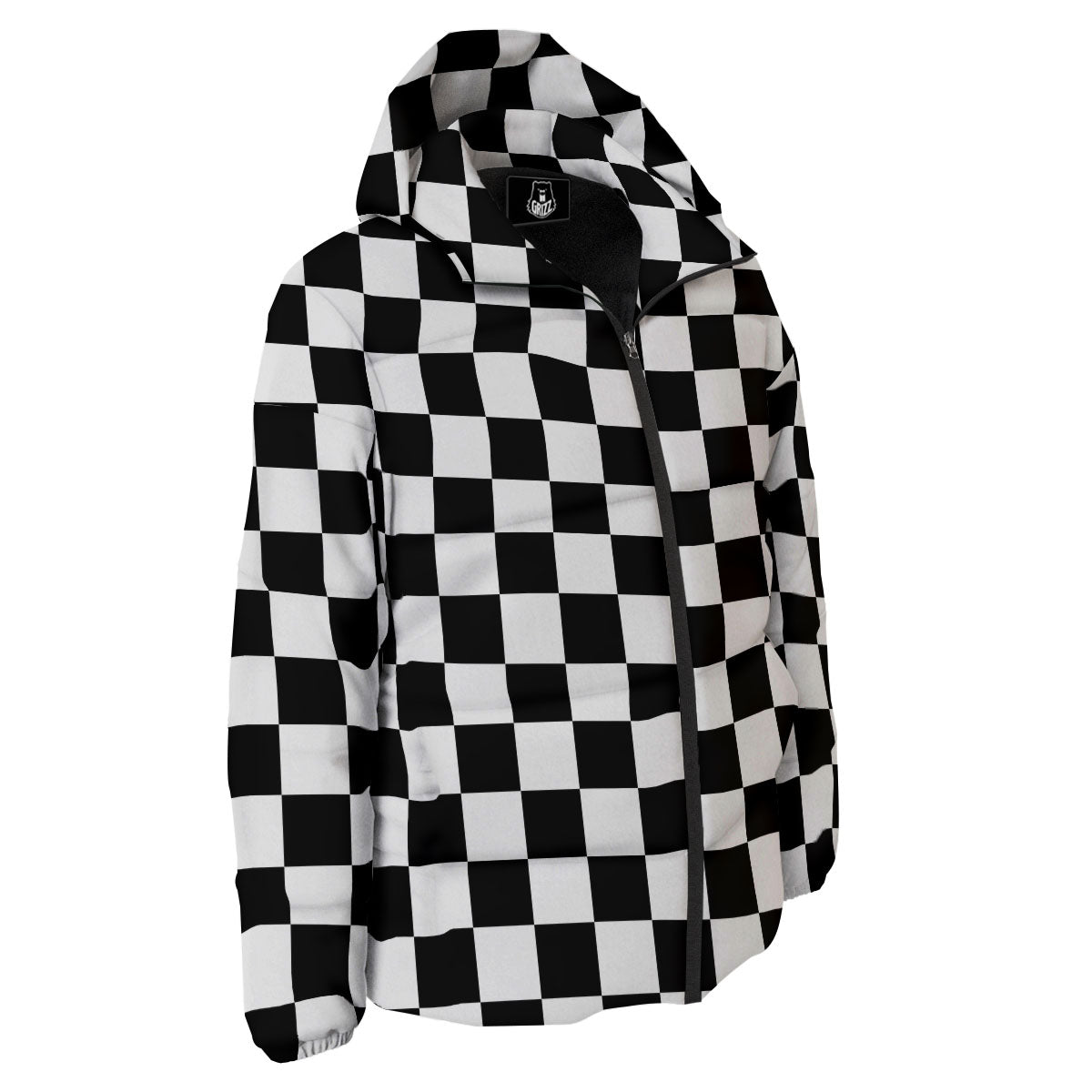 Checkered White And Black Print Pattern Down Jacket-grizzshop