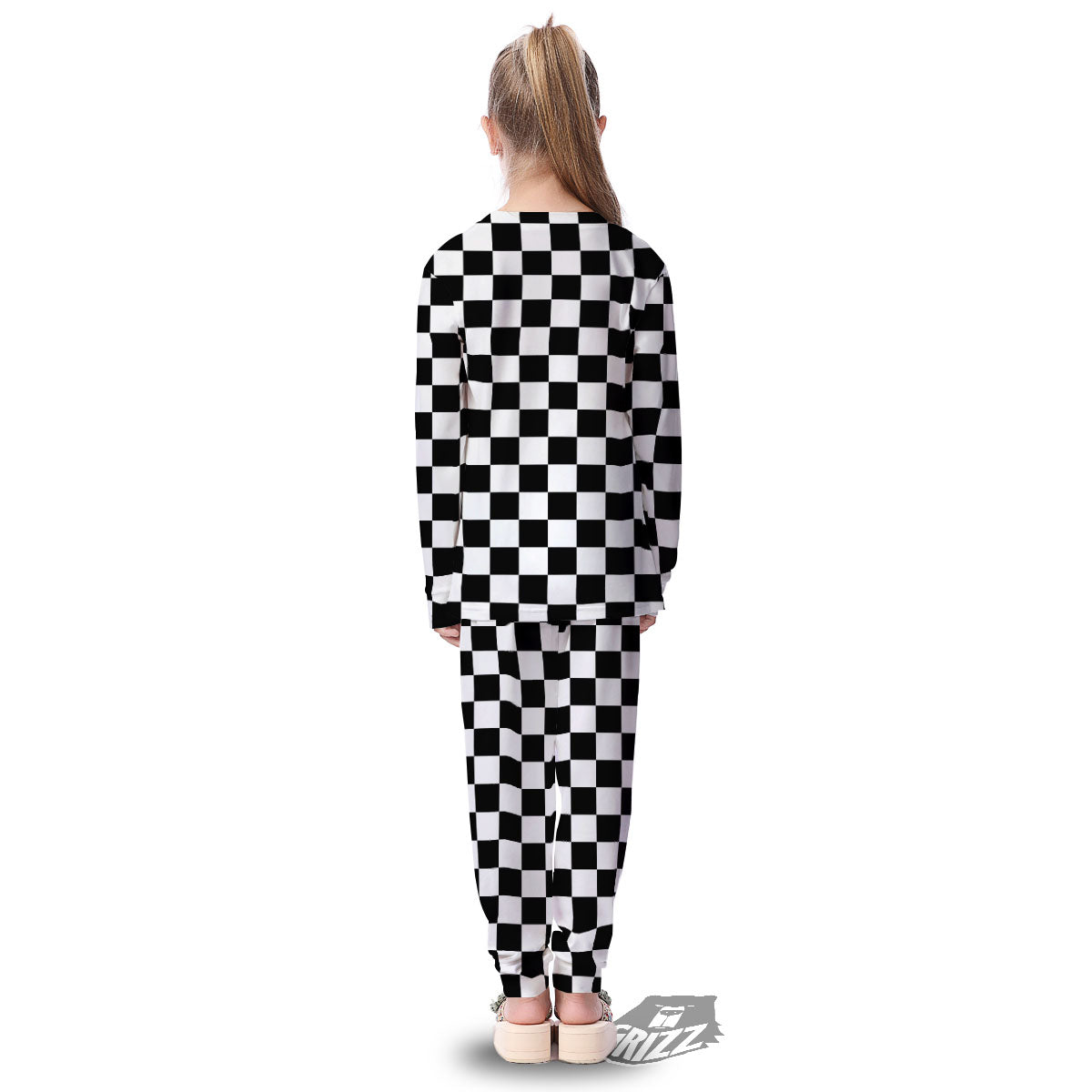 Checkered White And Black Print Pattern Kid's Pajamas-grizzshop