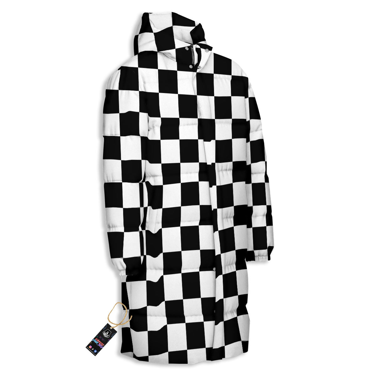 Checkered White And Black Print Pattern Long Down Jacket-grizzshop