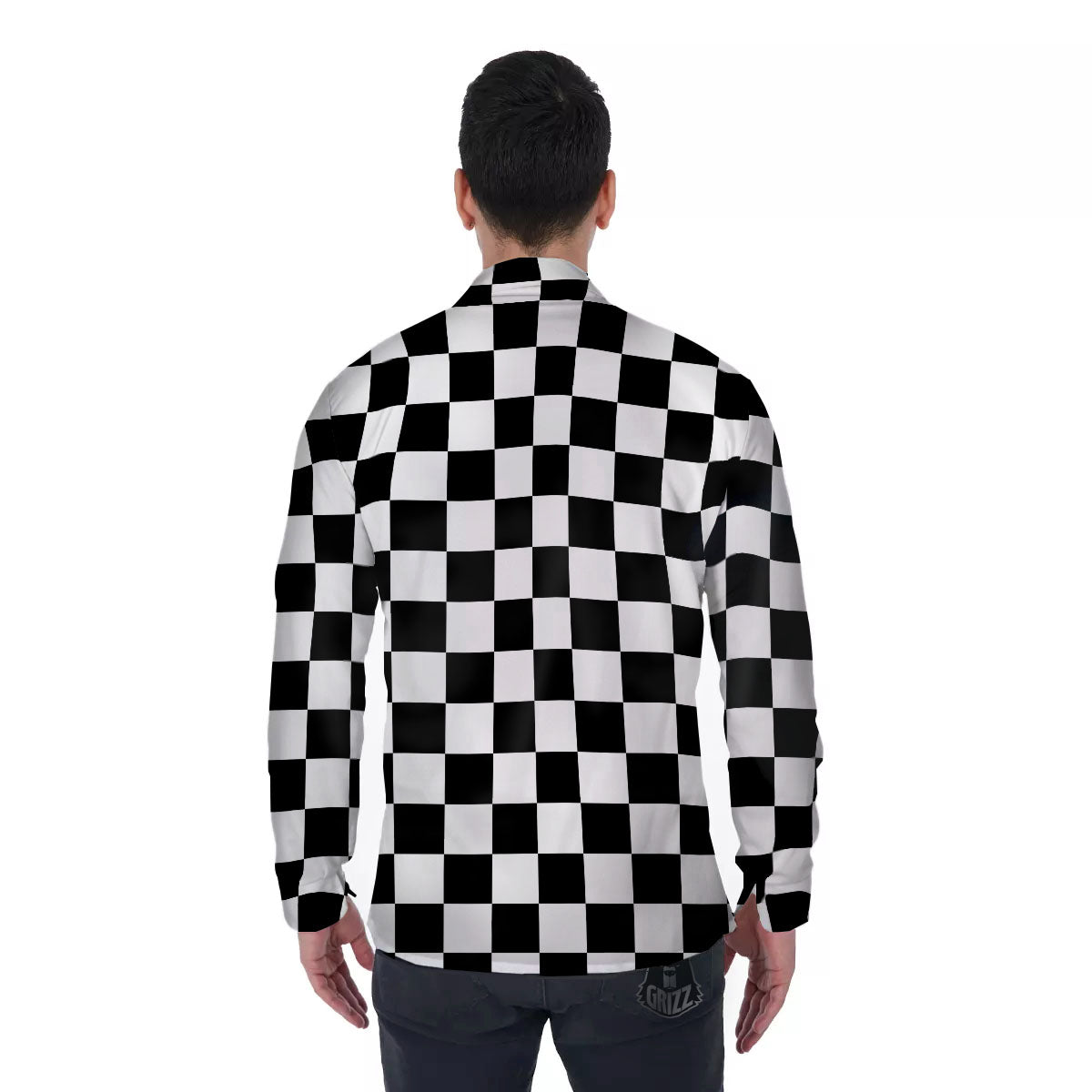 Checkered White And Black Print Pattern Men's Long Sleeve Shirts-grizzshop