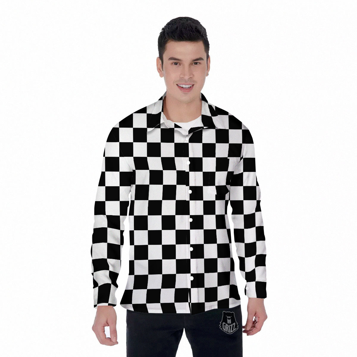 Checkered White And Black Print Pattern Men's Long Sleeve Shirts-grizzshop