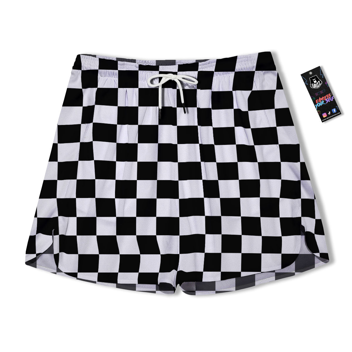 Checkered White And Black Print Pattern Men's Running Shorts-grizzshop