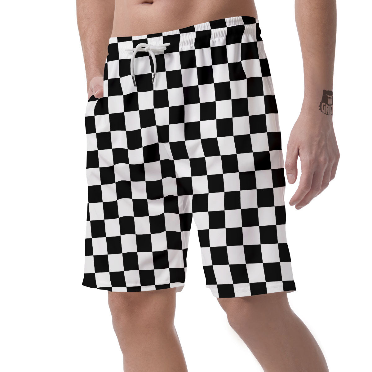 Checkered White And Black Print Pattern Men's Shorts-grizzshop