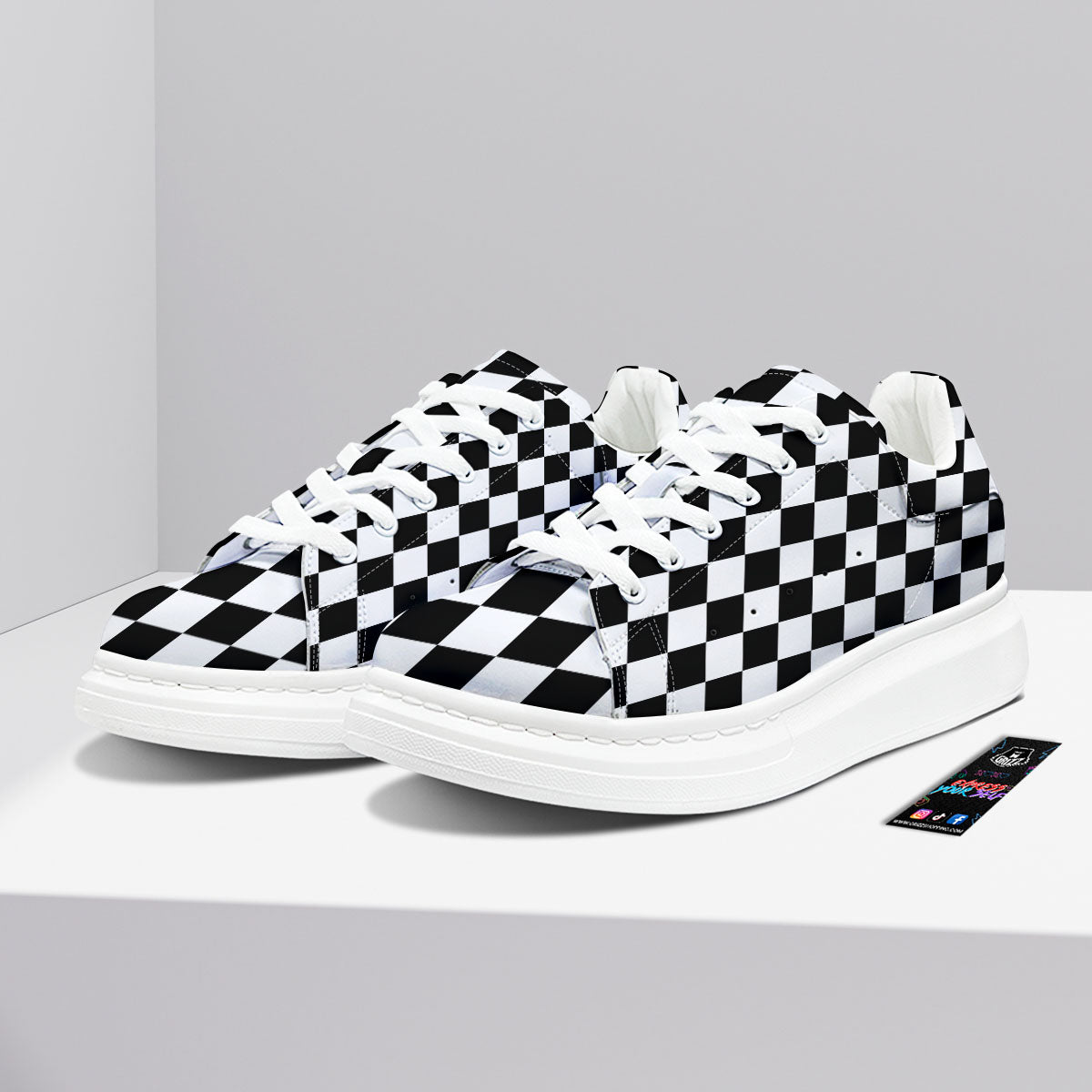 Checkered White And Black Print Pattern Platform Shoes-grizzshop