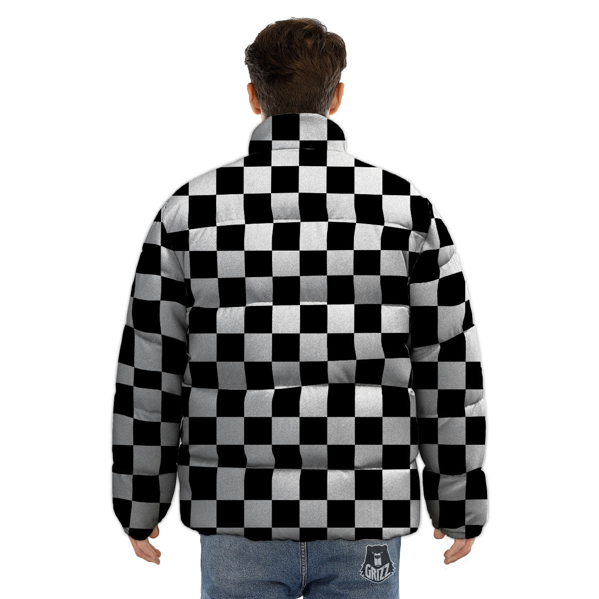 Checkered White And Black Print Pattern Puffer Jacket-grizzshop
