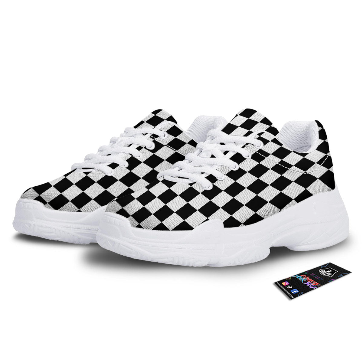 Checkered White And Black Print Pattern White Chunky Shoes-grizzshop
