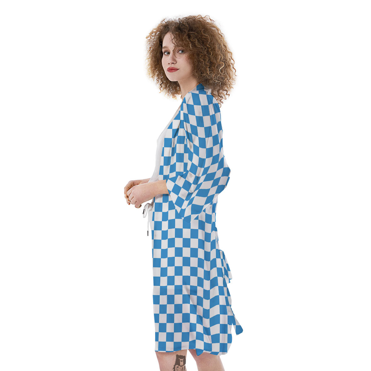 Checkered White And Blue Print Pattern Kimono-grizzshop
