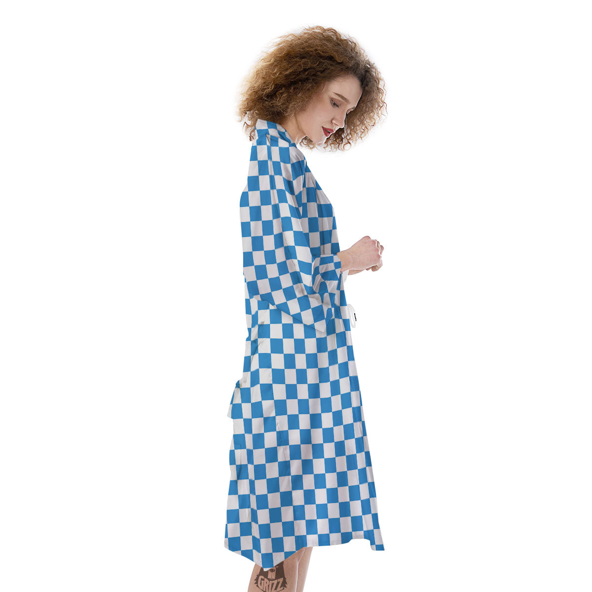 Checkered White And Blue Print Pattern Kimono-grizzshop